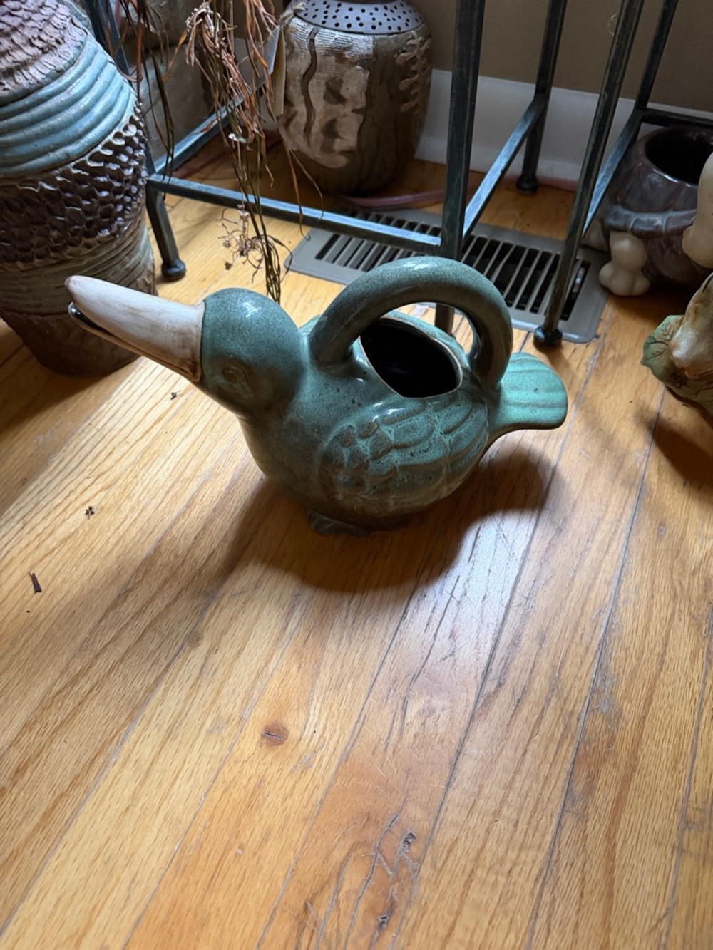 Ceramic Duck Watering Can Planter in Teal-Green
